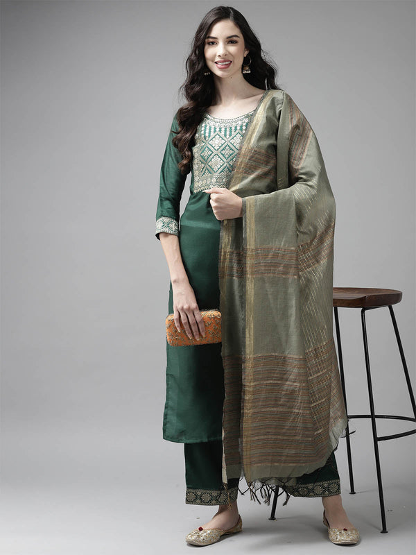 Women's Solid Green Straight Kurta Palazzo Set - Odette