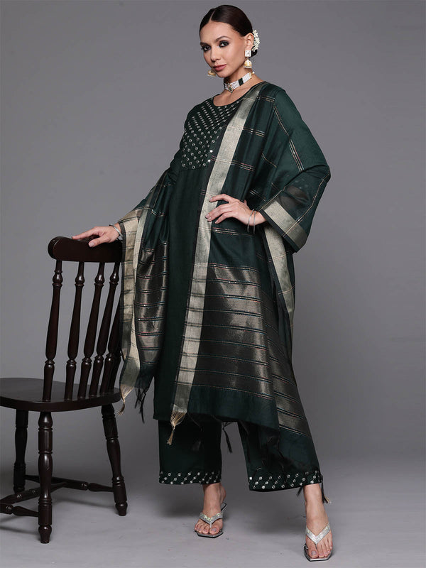 Women's Green Embroidered Straight Kurta Palazzo With Dupatta Set - Odette