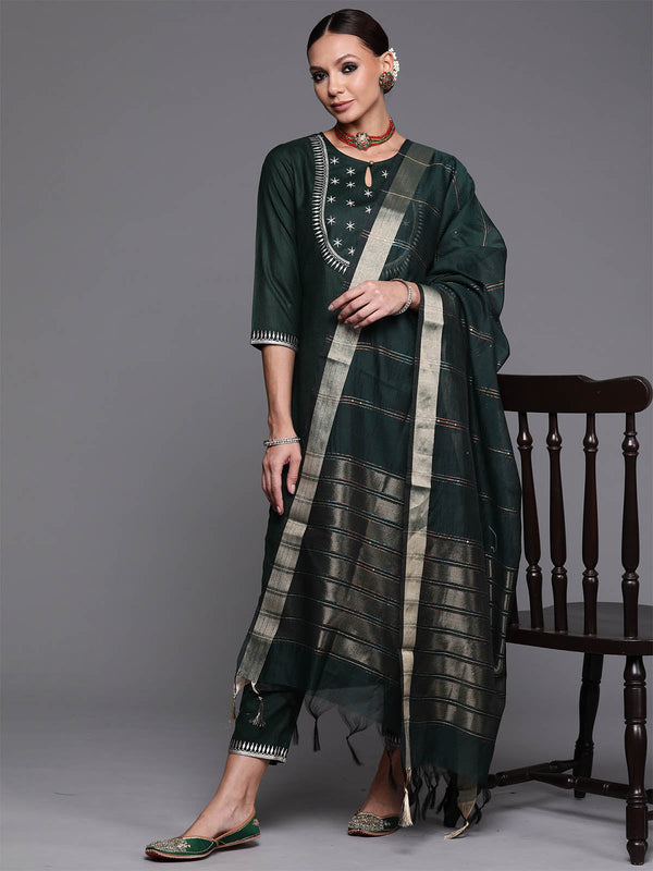 Women's Green Solid Straight Kurta Trouser With Dupatta Set - Odette