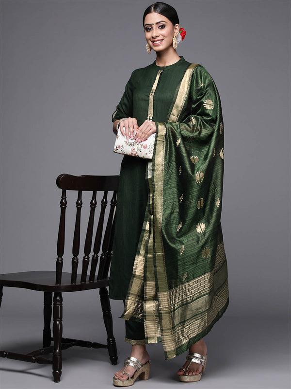 Women's Green Solid Straight Kurta Trouser With Dupatta Set - Odette