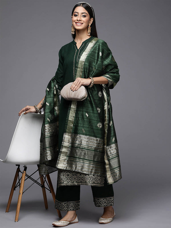 Women's Green Yoke Design Straight Kurta Palazzos With Dupatta Set - Odette