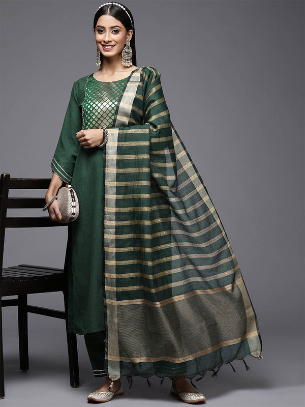 Women's Green Yoke Design Straight Kurta Palazzos With Dupatta Set - Odette