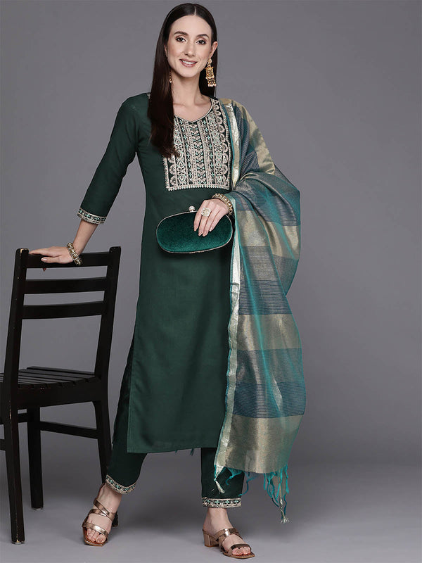 Women's Green Embroidery  Straight Kurta Palazzos With Dupatta Set - Odette