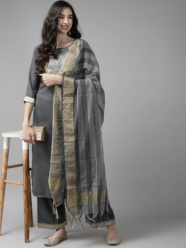 Women's Solid Grey Straight Kurta Palazzo Set - Odette