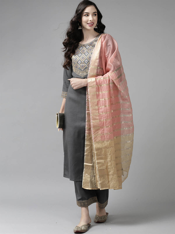 Women's Solid Grey Straight Kurta Palazzo Set - Odette