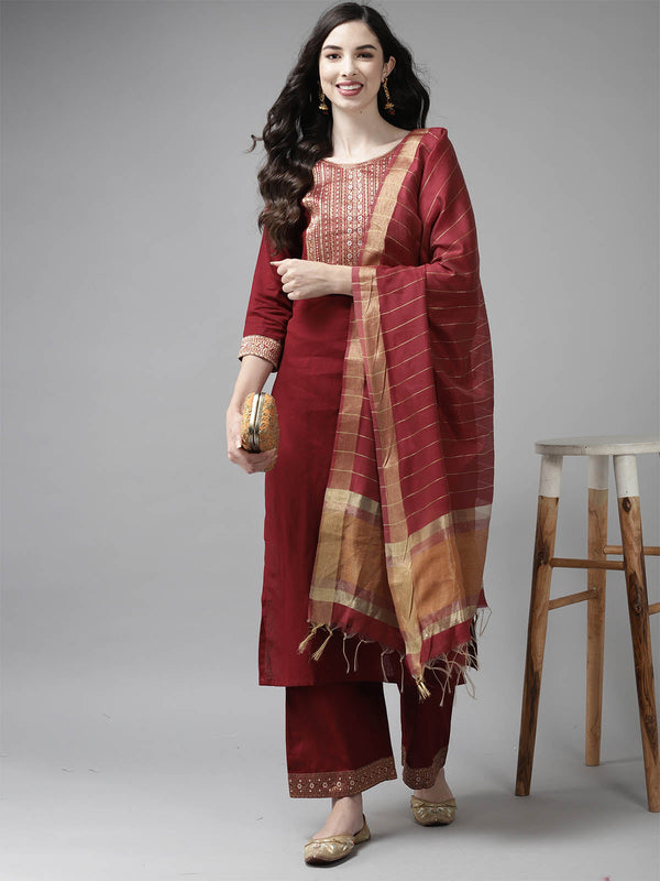 Women's Solid Maroon Straight Kurta Set - Odette