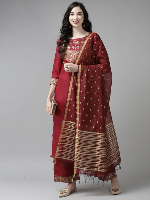 Women's Solid Maroon Straight Kurta Set - Odette