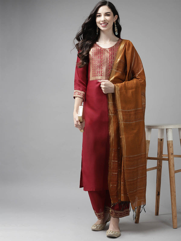 Women's Solid Maroon Straight Kurta Set - Odette