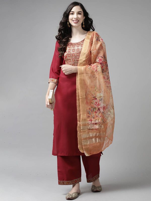 Women's Solid Maroon Straight Kurta Set - Odette