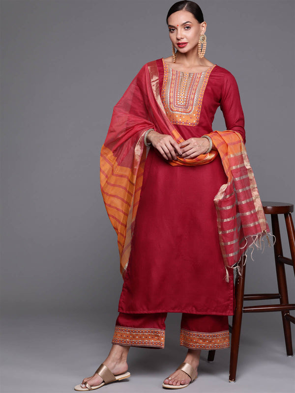 Women's Maroon Solid Straight Kurta Palazzo With Dupatta Set - Odette