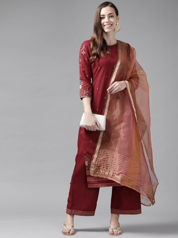 Women's Maroon Foil Printed Straight Kurta Palazzo With Dupatta Set - Odette