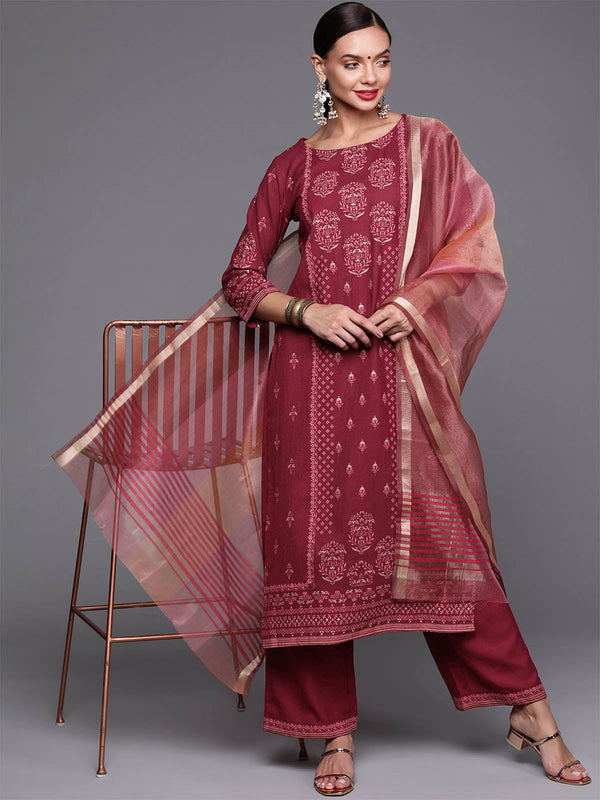 Women's Maroon Foil Printed Straight Kurta Palazzo With Dupatta Set - Odette