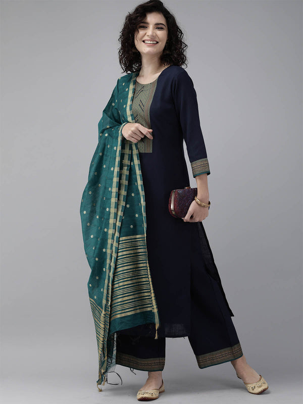 Women's Navy Blue Solid Kurta Palazzo Set - Odette