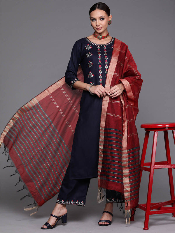 Women's Navy Blue Embroidered Straight Kurta Palazzo With Dupatta Set - Odette