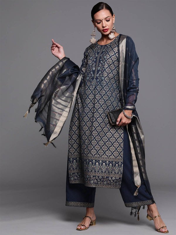 Women's Navy Blue Foil Printed Straight Kurta Palazzo With Dupatta Set - Odette