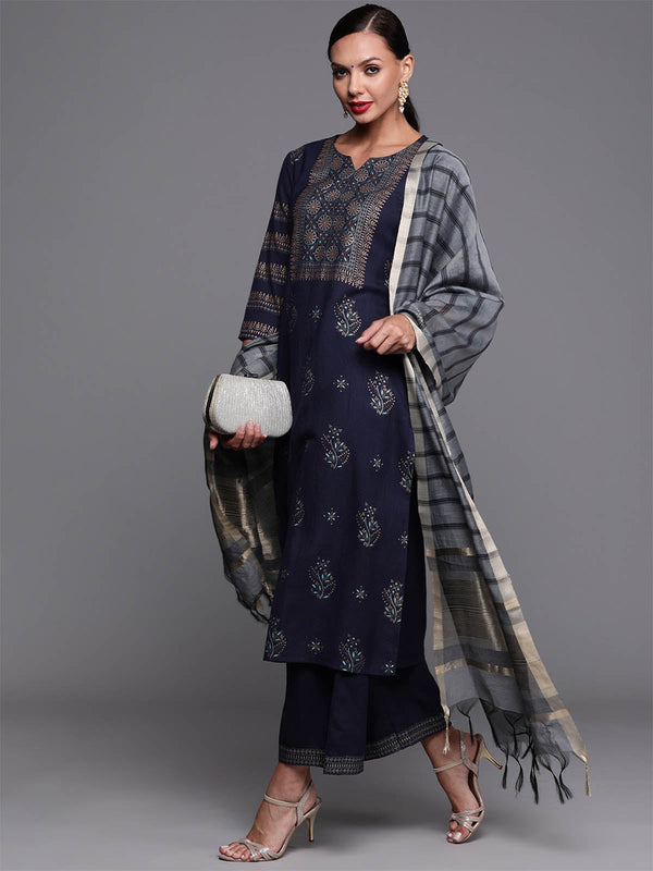 Women's Navy Blue Foil Printed Straight Kurta Palazzo With Dupatta Set - Odette