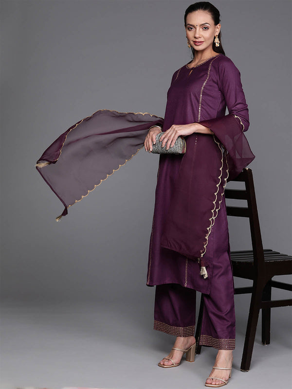 Women's Purple Solid Straight Kurta Palazzo With Dupatta Set - Odette