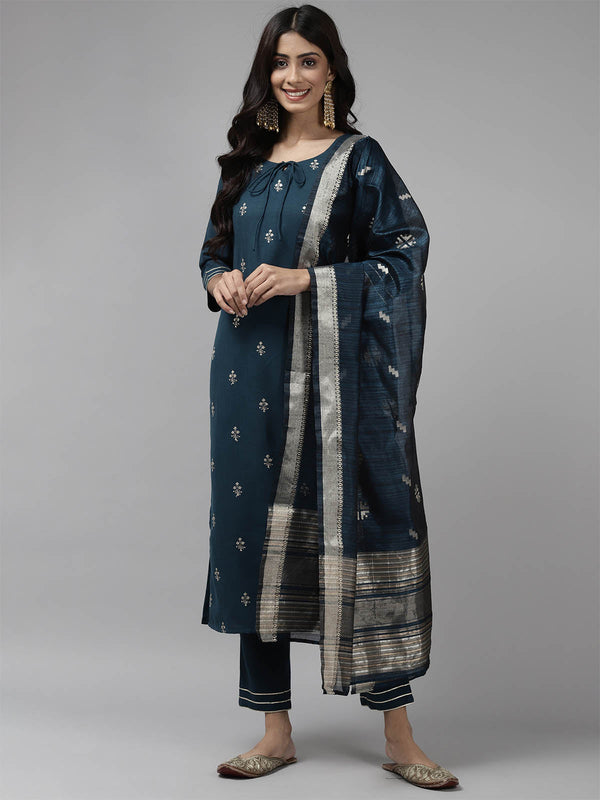 Women's Teal Embroidered Straight Kurta Set - Odette