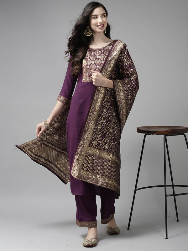 Women's Wine Solid Straight Kurta Set - Odette