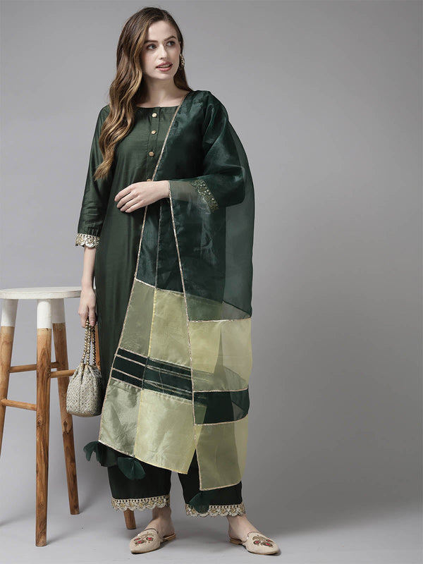 Women's Bottle Green Solid Straight Kurta Set - Odette