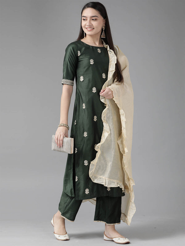 Women's Bottle Green Embroidered Straight Kurta Set - Odette