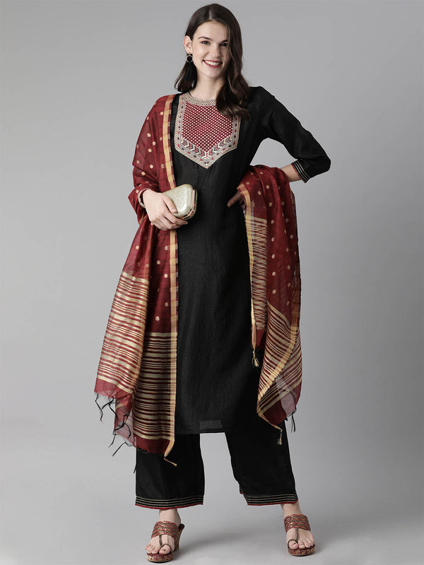 Women's Black Solid Straight Kurta Palazzo Set - Odette