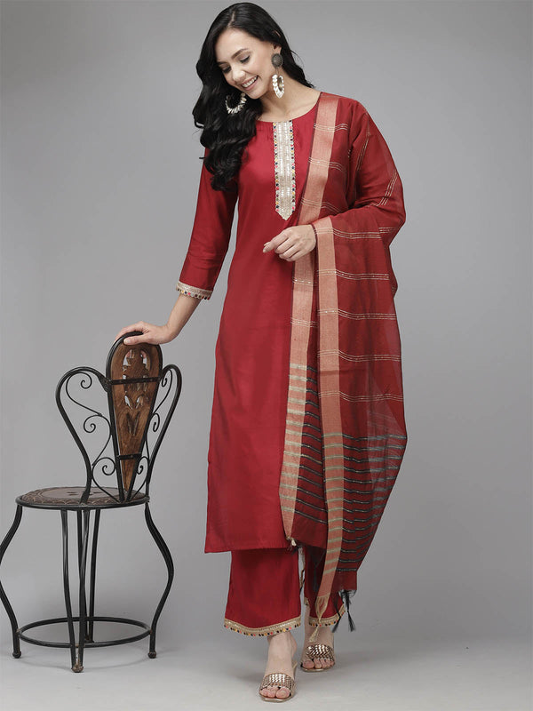 Women's Red Solid Straight Kurta Palazzo Set - Odette