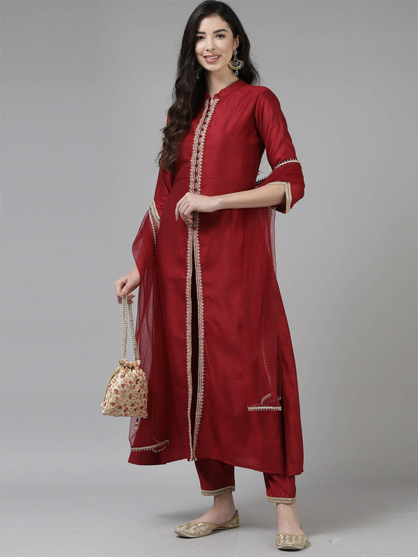 Women's Red Embroidered Straight Kurta Set - Odette