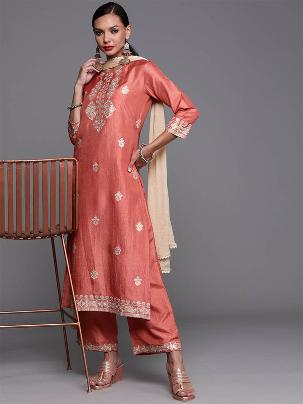 Women's Rust Foil Printed Straight Kurta Palazzo With Dupatta Set - Odette