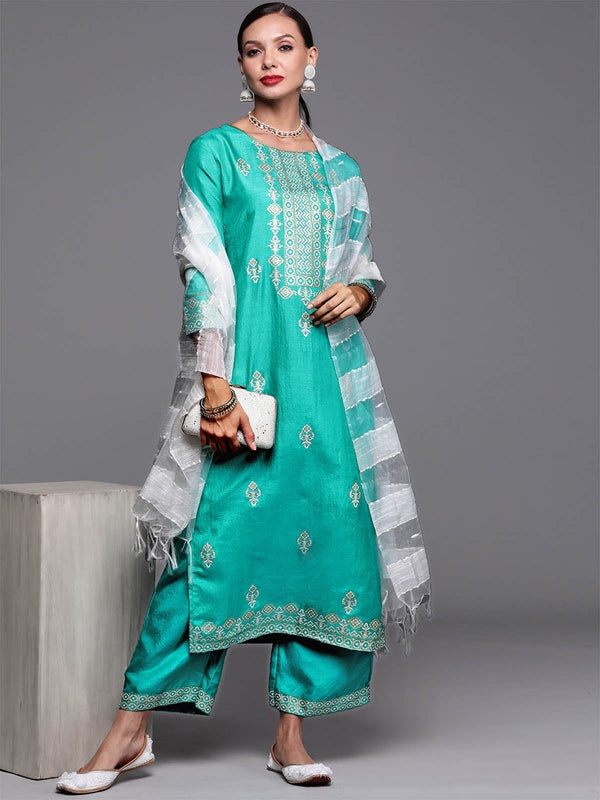 Women's Sea Green Foil Printed Straight Kurta Palazzo With Dupatta Set - Odette