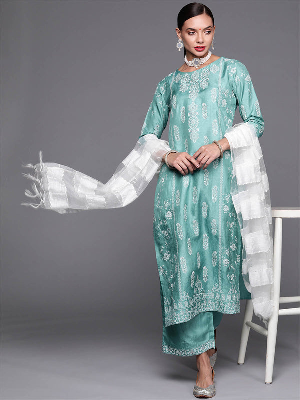 Women's Sea Green Foil Printed Straight Kurta Palazzo With Dupatta Set - Odette