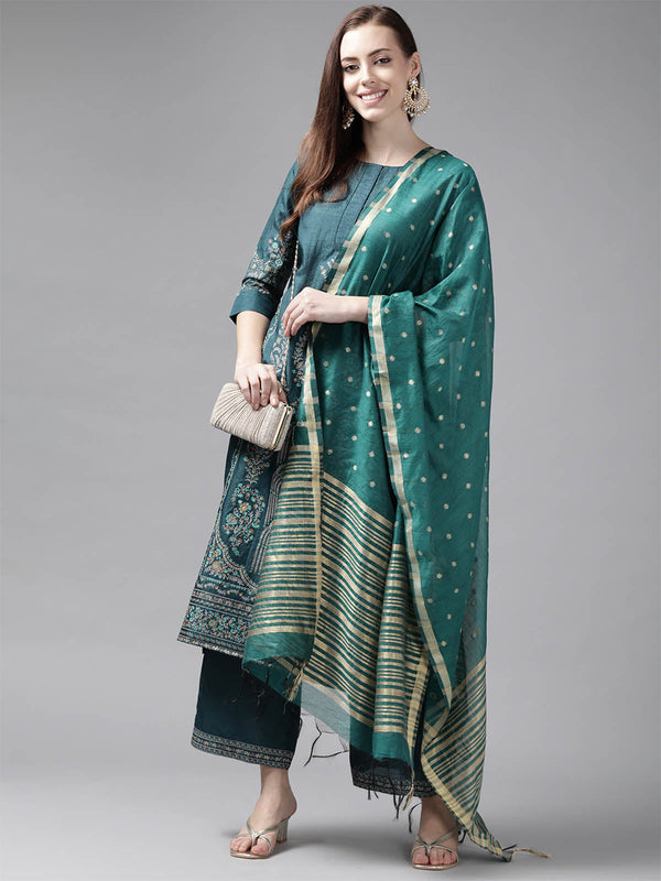 Women's Teal Foil Printed Straight Kurta Palazzo With Dupatta Set - Odette