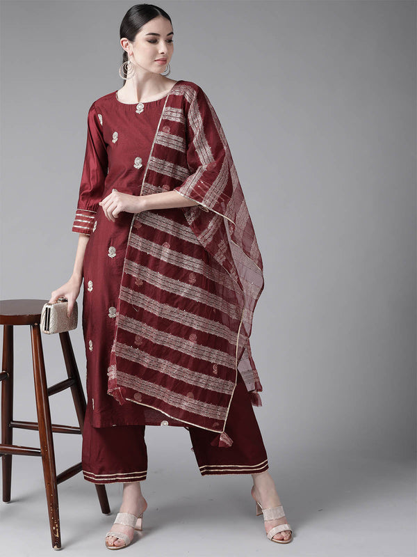 Women's Maroon Embroidered Straight Kurta Set - Odette