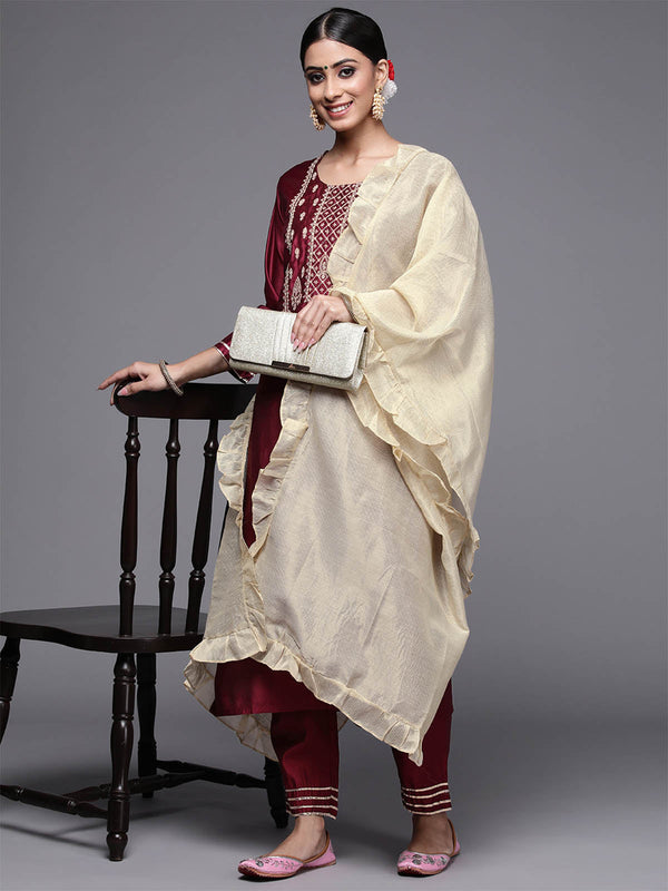 Women's Maroon Embroidered Straight Kurta Set - Odette