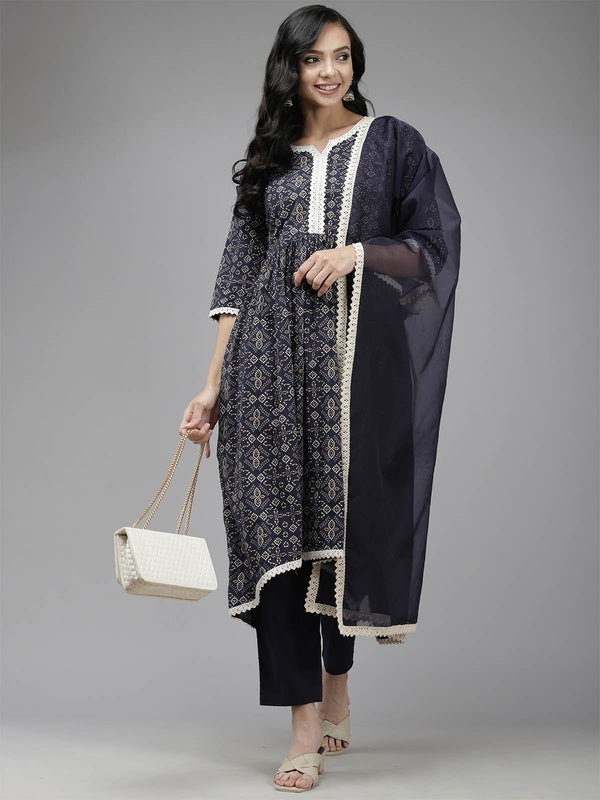 Women's Navy Blue Printed A-Line Kurta Set - Odette