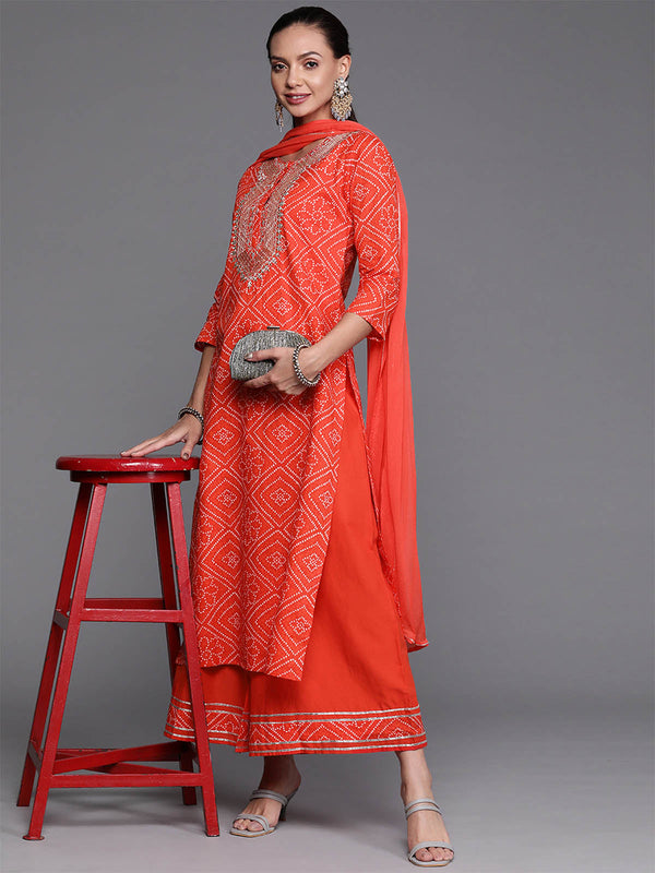 Women's Red Embroidered Straight Kurta Palazzo With Dupatta Set - Odette