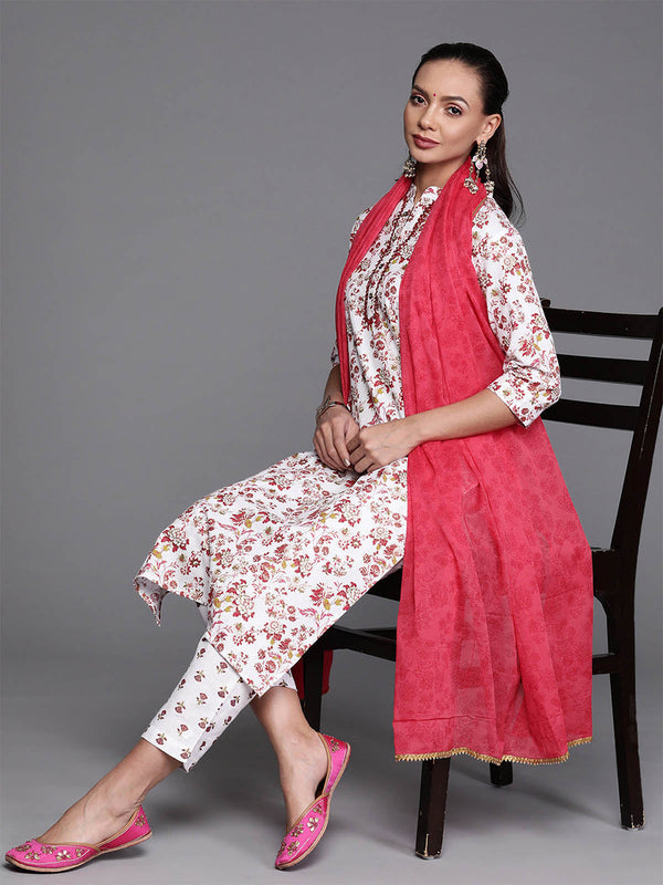 Women's Red Floral Printed Straight Kurta Trouser With Dupatta Set - Odette