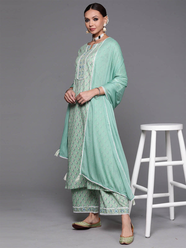 Women's Sea Green Floral Printed Straight Kurta Palazzzo With Dupatta Set - Odette