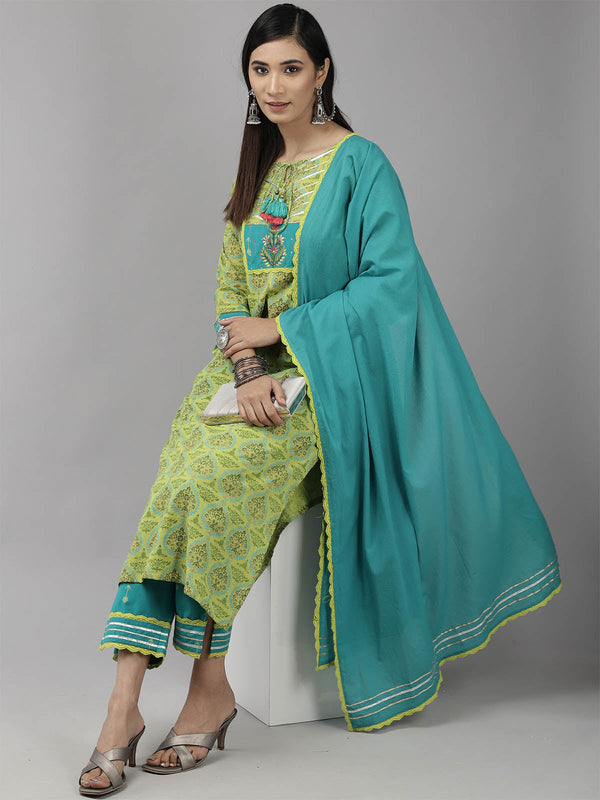 Women's Sea Green Printed Straight Kurta Set - Odette