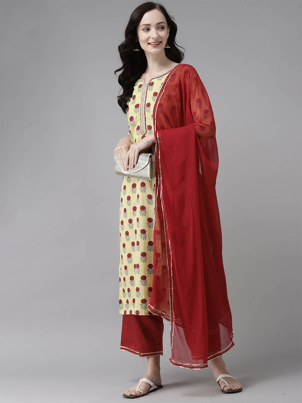 Women's Yellow Printed Straight Kurta Palazzo Set - Odette