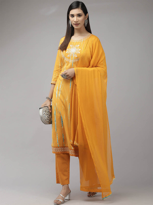 Women's Yellow Embroidered Straight Kurta Set - Odette