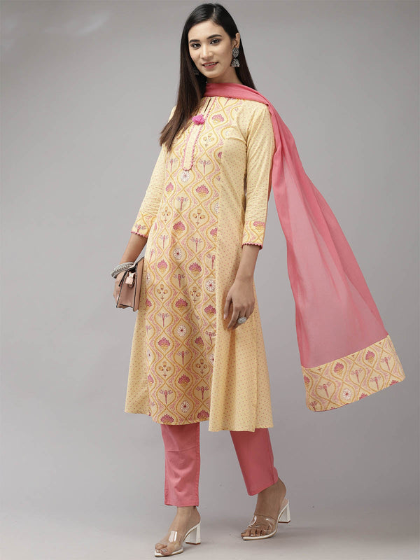 Women's Yellow Printed Kurta Set - Odette