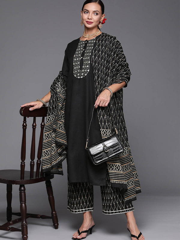 Women's Black Embroidered Straight Kurta Palazzo With Dupatta Set - Odette