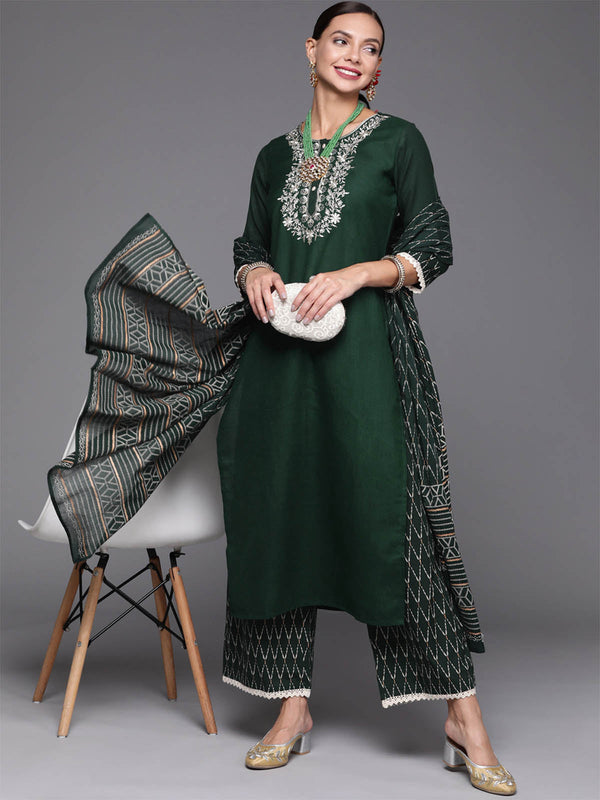 Women's Green Embroidered Straight Kurta Palazzo With Dupatta Set - Odette