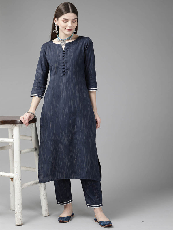 Women's Navy Blue Solid Straight Kurta Set - Odette