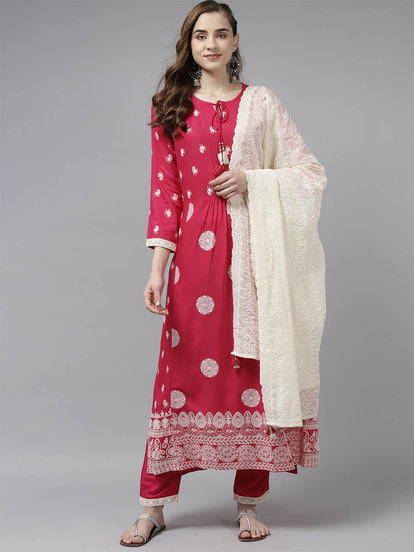 Women's Pink Embroidered Straight Kurta Set - Odette