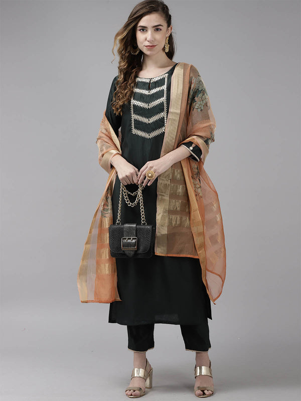 Women's Bottle Green Solid Straight Kurta Set - Odette