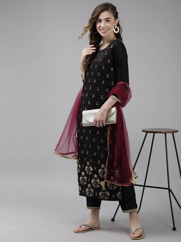 Women's Black Floral Printed Straight Kurta Set - Odette