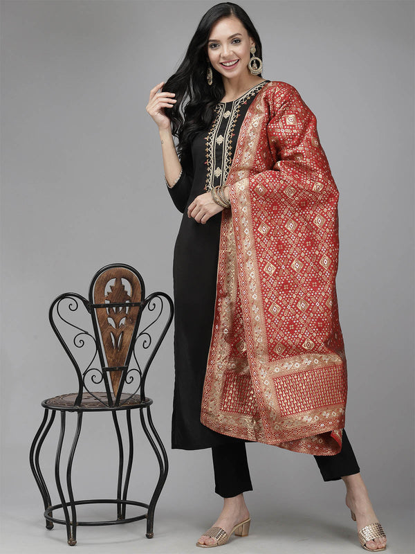 Women's Black Embroidered Straight Kurta Set - Odette