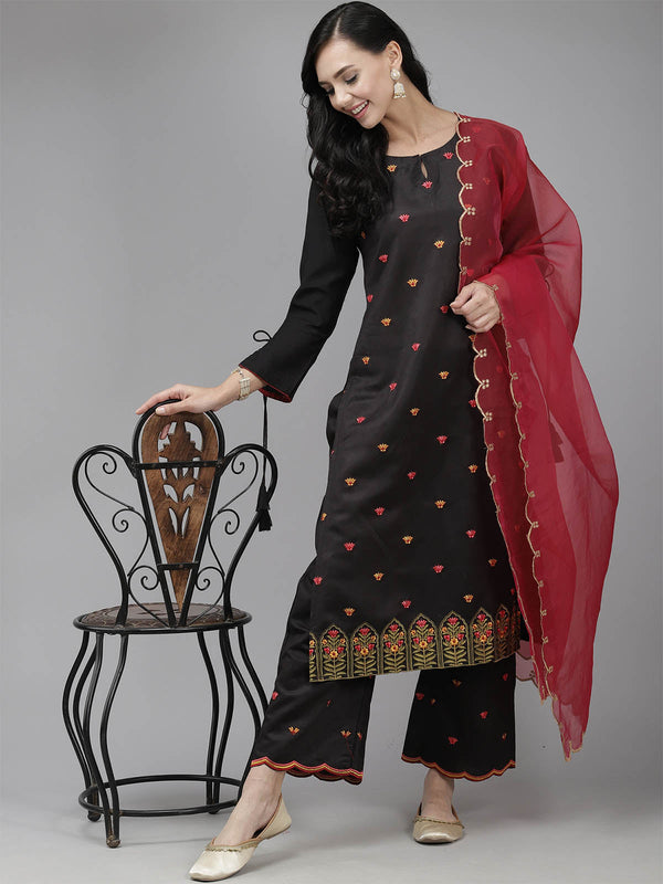 Women's Black Embroidered Straight Kurta Set - Odette